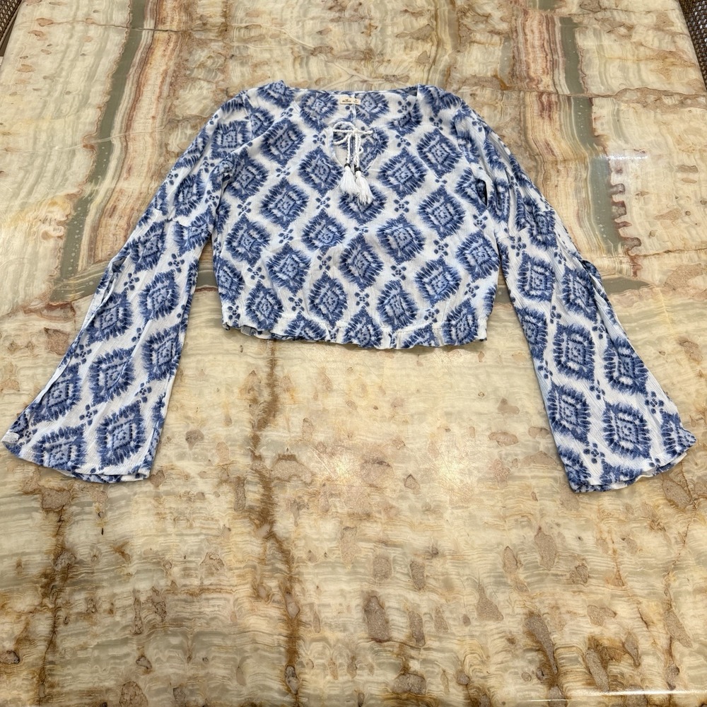 Hollister Womens XS Blue White Tie Dye Tassel Tie Bell Sleeve Crop Top Boho